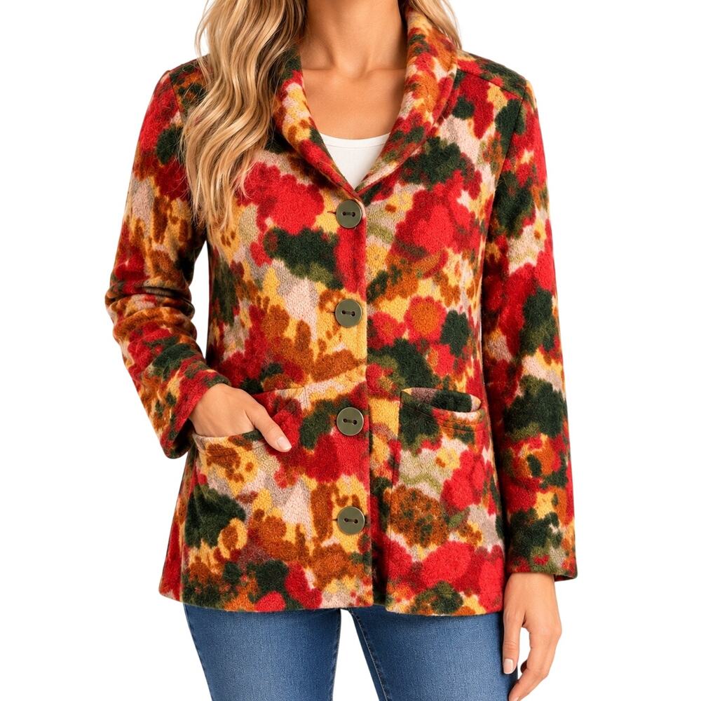 Habitat Sz Medium Button Up Knit Jacket Red Yellow Fall Thanksgiving Shirt Top